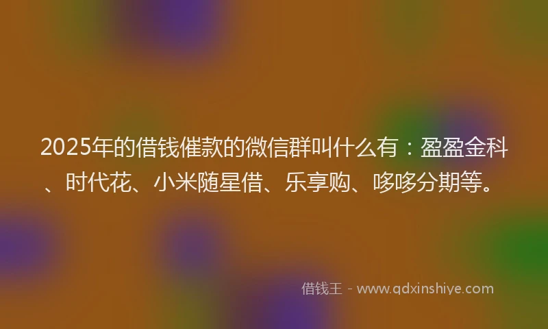 2025年的借钱催款的微信群叫什么有：盈盈金科、时代花、小米随星借、乐享购、哆哆分期等。