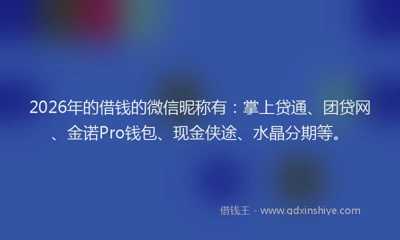 2026年的借钱的微信昵称有：掌上贷通、团贷网、金诺Pro钱包、现金侠途、水晶分期等。