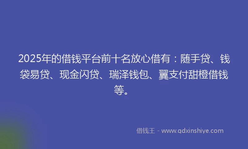 2025年的借钱平台前十名放心借有：随手贷、钱袋易贷、现金闪贷、瑞泽钱包、翼支付甜橙借钱等。