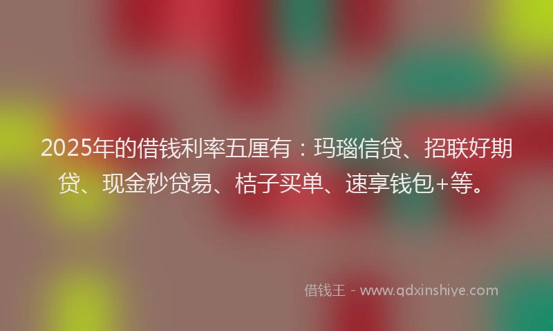 2025年的借钱利率五厘有：玛瑙信贷、招联好期贷、现金秒贷易、桔子买单、速享钱包+等。