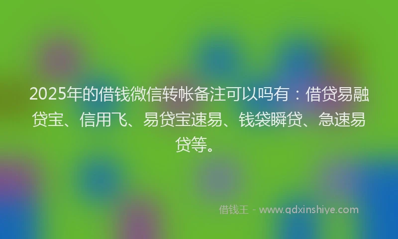 2025年的借钱微信转帐备注可以吗有:借贷易融贷宝、信用飞、易贷宝速易、钱袋瞬贷、急速易贷等。