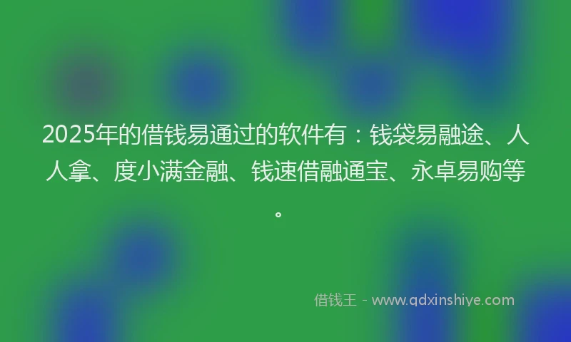 2025年的借钱易通过的软件有：钱袋易融途、人人拿、度小满金融、钱速借融通宝、永卓易购等。