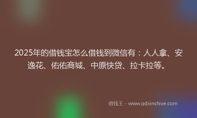 2025年的借钱宝怎么借钱到微信有：人人拿、安逸花、佑佑商城、中原快贷、拉卡拉等。