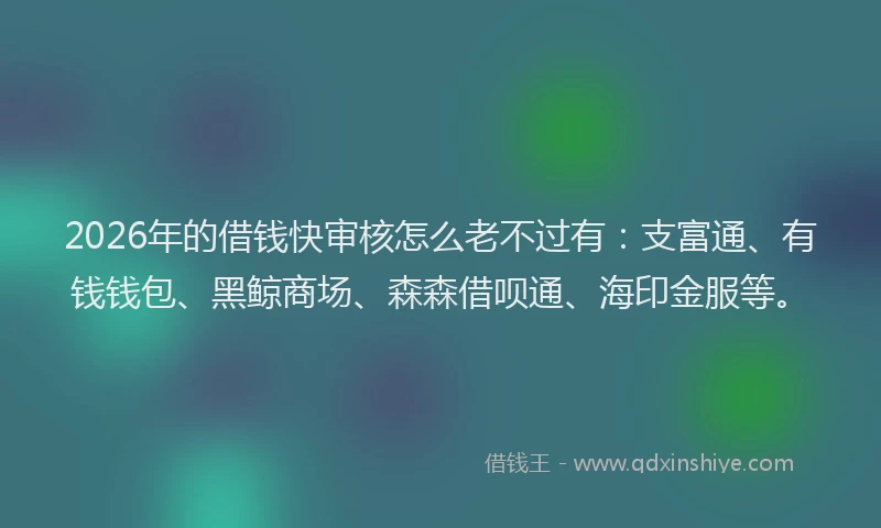 2026年的借钱快审核怎么老不过有：支富通、有钱钱包、黑鲸商场、森森借呗通、海印金服等。