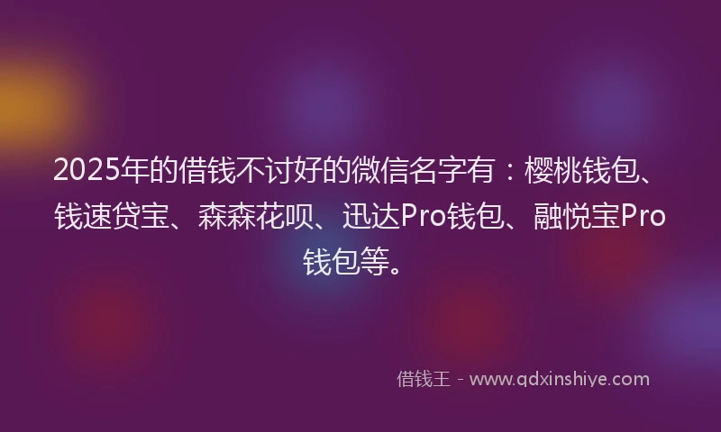 2025年的借钱不讨好的微信名字有：樱桃钱包、钱速贷宝、森森花呗、迅达Pro钱包、融悦宝Pro钱包等。