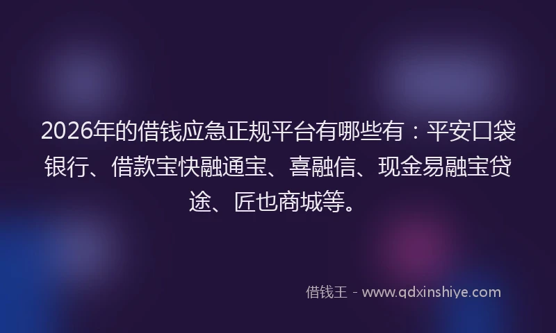 2026年的借钱应急正规平台有哪些有：平安口袋银行、借款宝快融通宝、喜融信、现金易融宝贷途、匠也商城等。
