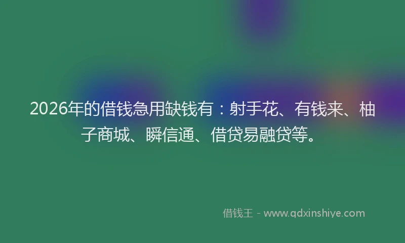 2026年的借钱急用缺钱有：射手花、有钱来、柚子商城、瞬信通、借贷易融贷等。