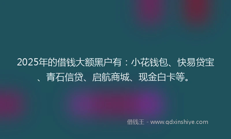 2025年的借钱大额黑户有:小花钱包、快易贷宝、青石信贷、启航商城、现金白卡等。