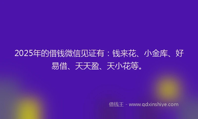 2025年的借钱微信见证有:钱来花、小金库、好易借、天天盈、天小花等。