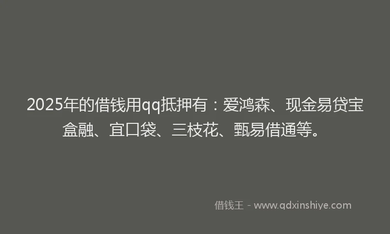 2025年的借钱用qq抵押有：爱鸿森、现金易贷宝盒融、宜口袋、三枝花、甄易借通等。