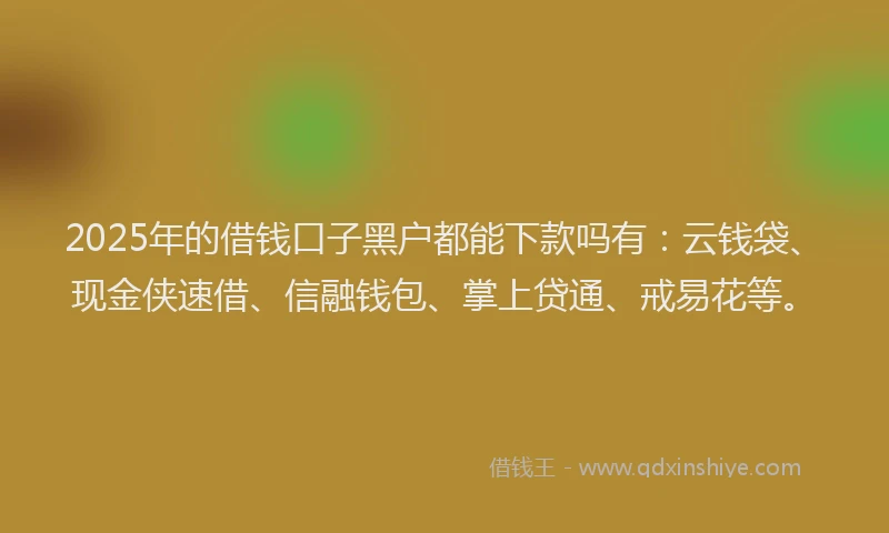 2025年的借钱口子黑户都能下款吗有:云钱袋、现金侠速借、信融钱包、掌上贷通、戒易花等。
