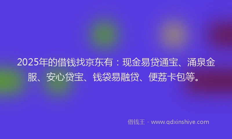 2025年的借钱找京东有：现金易贷通宝、涌泉金服、安心贷宝、钱袋易融贷、便荔卡包等。