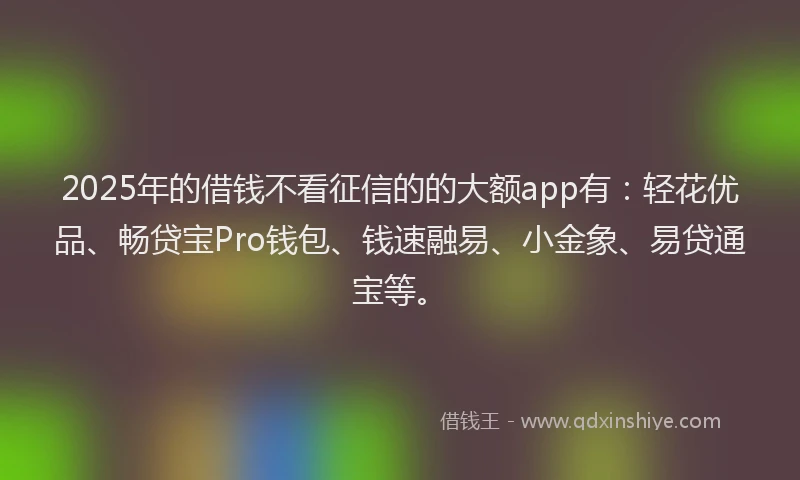 2025年的借钱不看征信的的大额app有：轻花优品、畅贷宝Pro钱包、钱速融易、小金象、易贷通宝等。