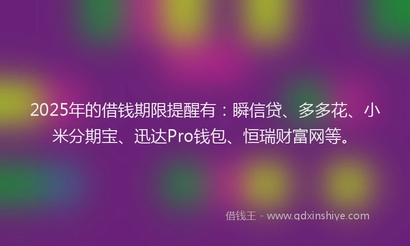 2025年的借钱期限提醒有：瞬信贷、多多花、小米分期宝、迅达Pro钱包、恒瑞财富网等。