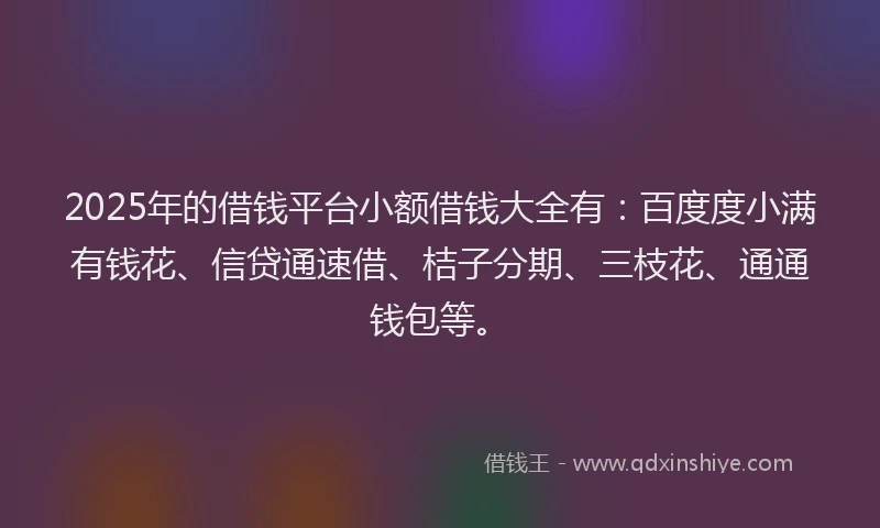 2025年的借钱平台小额借钱大全有:百度度小满有钱花、信贷通速借、桔子分期、三枝花、通通钱包等。