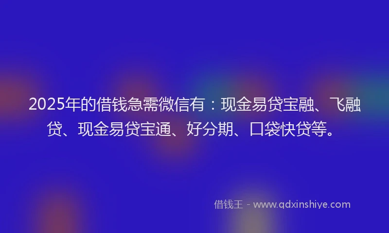 2025年的借钱急需微信有:现金易贷宝融、飞融贷、现金易贷宝通、好分期、口袋快贷等。