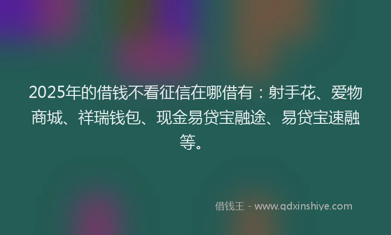 2025年的借钱不看征信在哪借有：射手花、爱物商城、祥瑞钱包、现金易贷宝融途、易贷宝速融等。