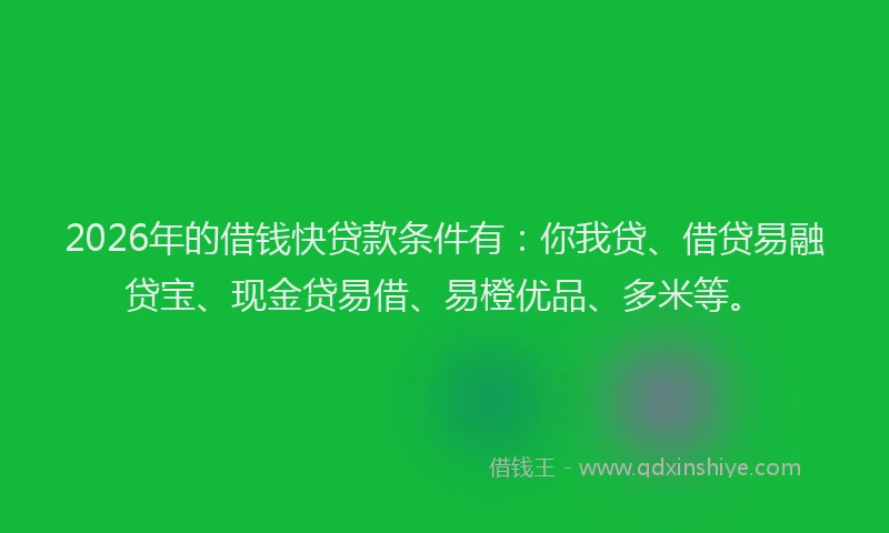 2026年的借钱快贷款条件有:你我贷、借贷易融贷宝、现金贷易借、易橙优品、多米等。