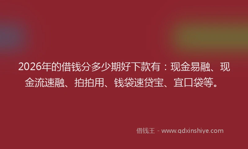 2026年的借钱分多少期好下款有:现金易融、现金流速融、拍拍用、钱袋速贷宝、宜口袋等。