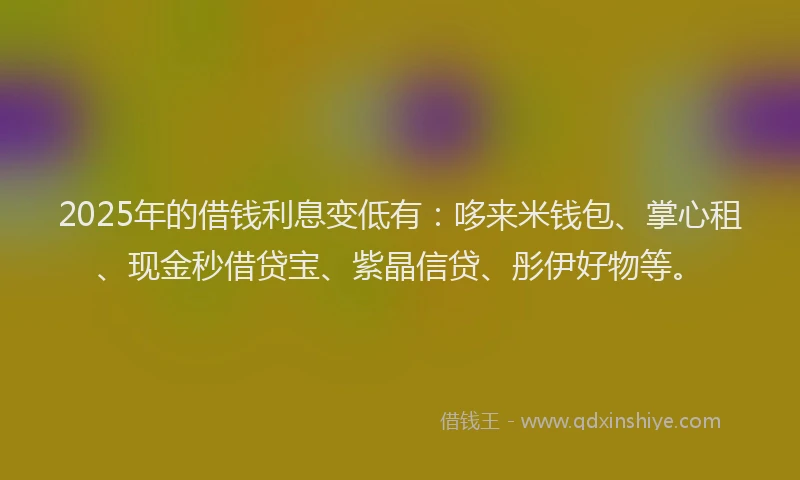 2025年的借钱利息变低有：哆来米钱包、掌心租、现金秒借贷宝、紫晶信贷、彤伊好物等。