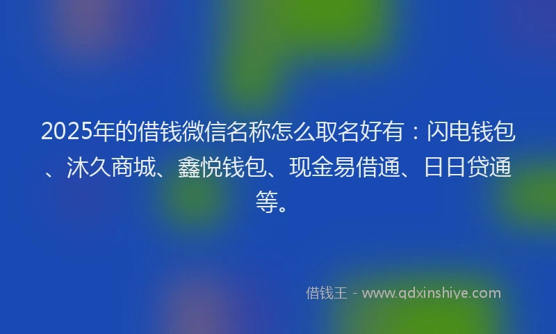 2025年的借钱微信名称怎么取名好有：闪电钱包、沐久商城、鑫悦钱包、现金易借通、日日贷通等。