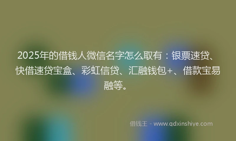 2025年的借钱人微信名字怎么取有：银票速贷、快借速贷宝盒、彩虹信贷、汇融钱包+、借款宝易融等。