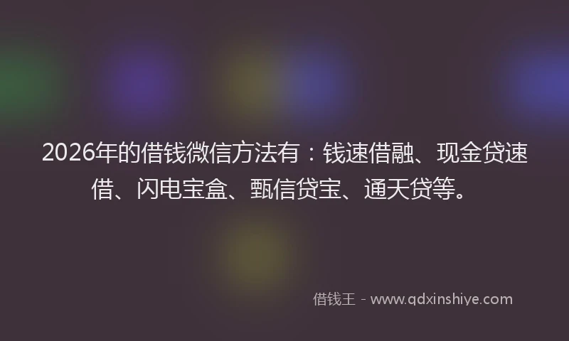 2026年的借钱微信方法有：钱速借融、现金贷速借、闪电宝盒、甄信贷宝、通天贷等。