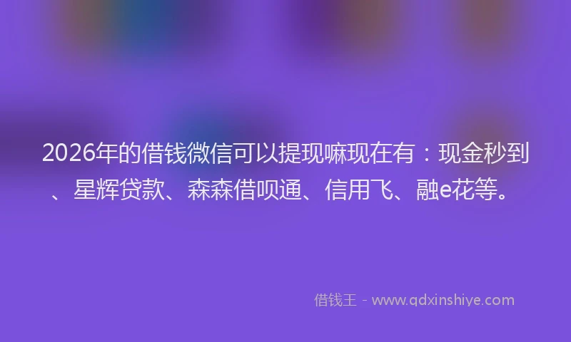 2026年的借钱微信可以提现嘛现在有：现金秒到、星辉贷款、森森借呗通、信用飞、融e花等。