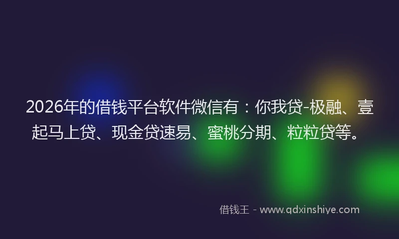 2026年的借钱平台软件微信有：你我贷-极融、壹起马上贷、现金贷速易、蜜桃分期、粒粒贷等。