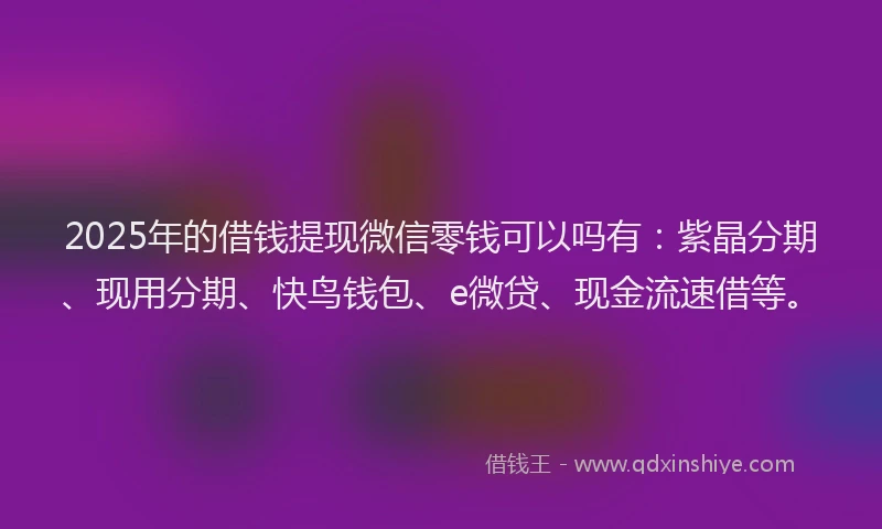 2025年的借钱提现微信零钱可以吗有：紫晶分期、现用分期、快鸟钱包、e微贷、现金流速借等。
