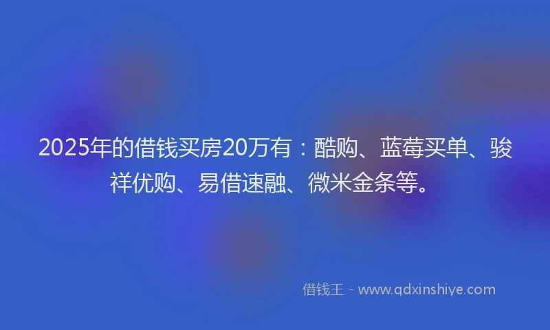 2025年的借钱买房20万有：酷购、蓝莓买单、骏祥优购、易借速融、微米金条等。