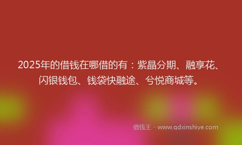 2025年的借钱在哪借的有:紫晶分期、融享花、闪银钱包、钱袋快融途、兮悦商城等。