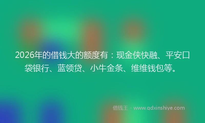 2026年的借钱大的额度有:现金侠快融、平安口袋银行、蓝领贷、小牛金条、维维钱包等。