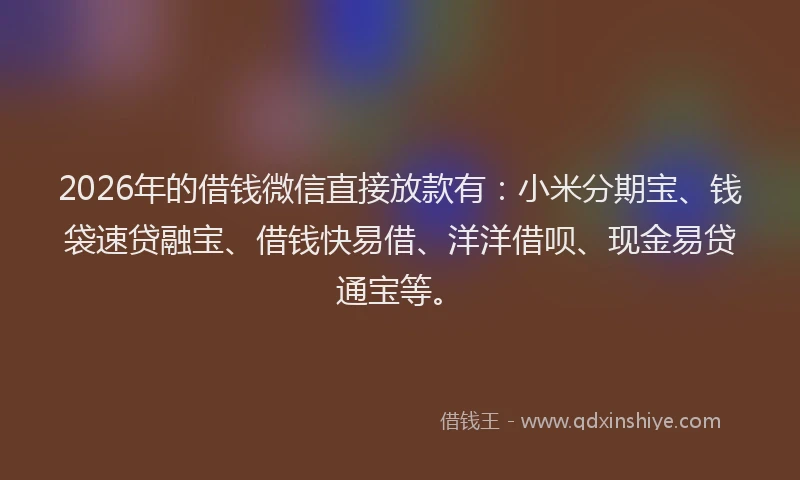 2026年的借钱微信直接放款有：小米分期宝、钱袋速贷融宝、借钱快易借、洋洋借呗、现金易贷通宝等。