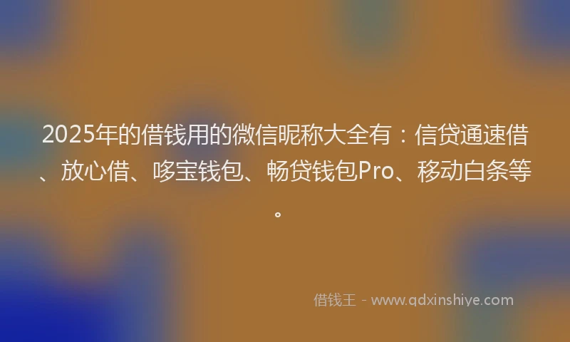 2025年的借钱用的微信昵称大全有：信贷通速借、放心借、哆宝钱包、畅贷钱包Pro、移动白条等。