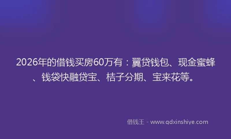 2026年的借钱买房60万有：翼贷钱包、现金蜜蜂、钱袋快融贷宝、桔子分期、宝来花等。