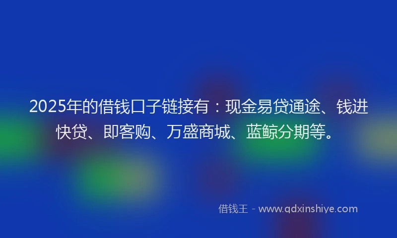 2025年的借钱口子链接有:现金易贷通途、钱进快贷、即客购、万盛商城、蓝鲸分期等。