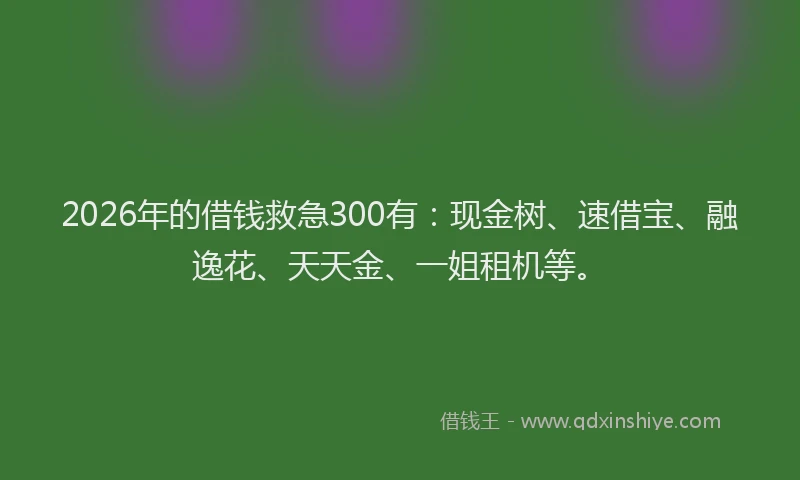 2026年的借钱救急300有:现金树、速借宝、融逸花、天天金、一姐租机等。