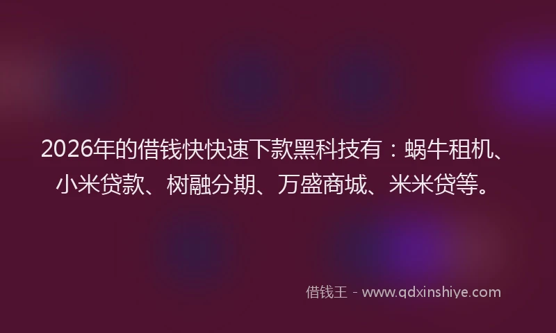 2026年的借钱快快速下款黑科技有：蜗牛租机、小米贷款、树融分期、万盛商城、米米贷等。