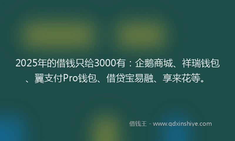 2025年的借钱只给3000有：企鹅商城、祥瑞钱包、翼支付Pro钱包、借贷宝易融、享来花等。