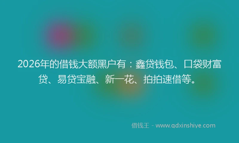 2026年的借钱大额黑户有：鑫贷钱包、口袋财富贷、易贷宝融、新一花、拍拍速借等。