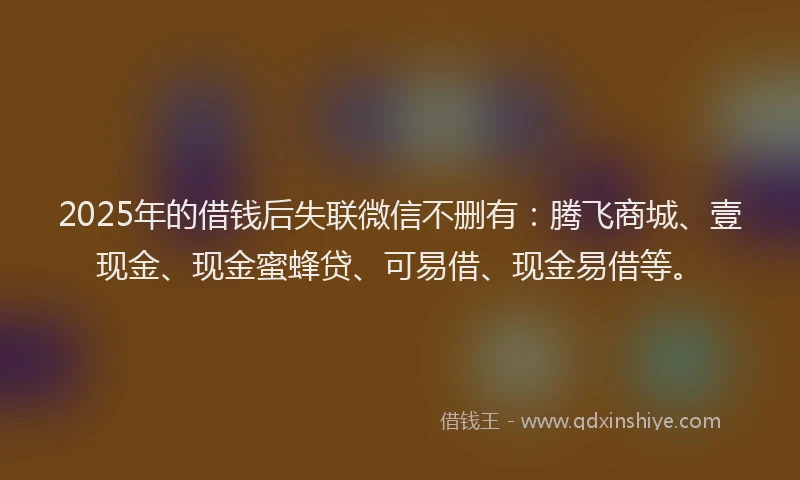 2025年的借钱后失联微信不删有:腾飞商城、壹现金、现金蜜蜂贷、可易借、现金易借等。