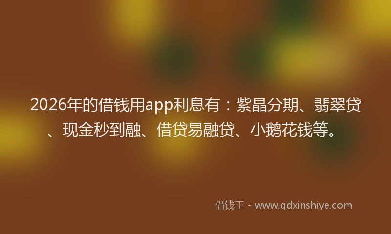 2026年的借钱用app利息有：紫晶分期、翡翠贷、现金秒到融、借贷易融贷、小鹅花钱等。