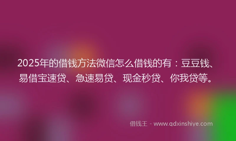 2025年的借钱方法微信怎么借钱的有：豆豆钱、易借宝速贷、急速易贷、现金秒贷、你我贷等。