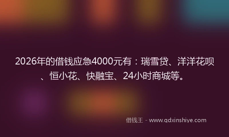 2026年的借钱应急4000元有：瑞雪贷、洋洋花呗、恒小花、快融宝、24小时商城等。