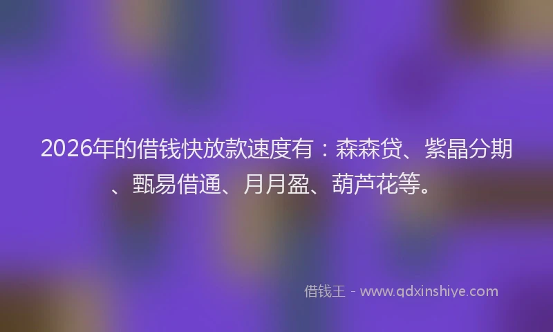 2026年的借钱快放款速度有：森森贷、紫晶分期、甄易借通、月月盈、葫芦花等。