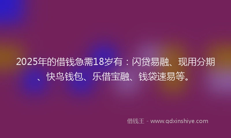 2025年的借钱急需18岁有:闪贷易融、现用分期、快鸟钱包、乐借宝融、钱袋速易等。