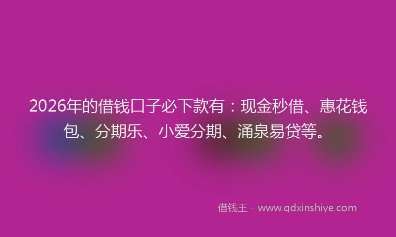 2026年的借钱口子必下款有:现金秒借、惠花钱包、分期乐、小爱分期、涌泉易贷等。