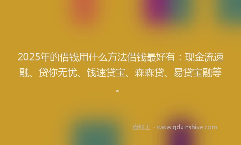 2025年的借钱用什么方法借钱最好有：现金流速融、贷你无忧、钱速贷宝、森森贷、易贷宝融等。