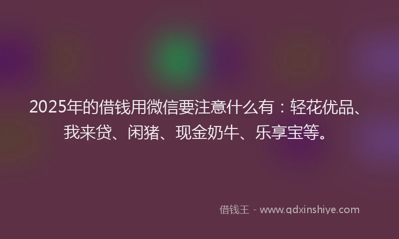 2025年的借钱用微信要注意什么有:轻花优品、我来贷、闲猪、现金奶牛、乐享宝等。